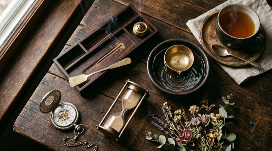 Traditional timekeeping artifacts including an incense clock, hourglass, pocket watch, and water bowl on a wooden table