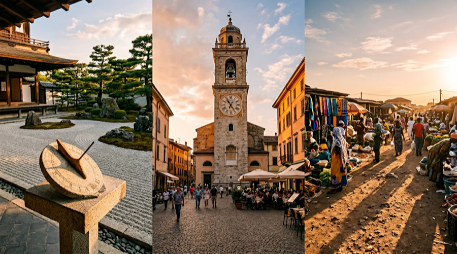 Three cultural scenes showing different approaches to time: a Japanese zen garden with sundial, a European clock tower, and an African marketplace