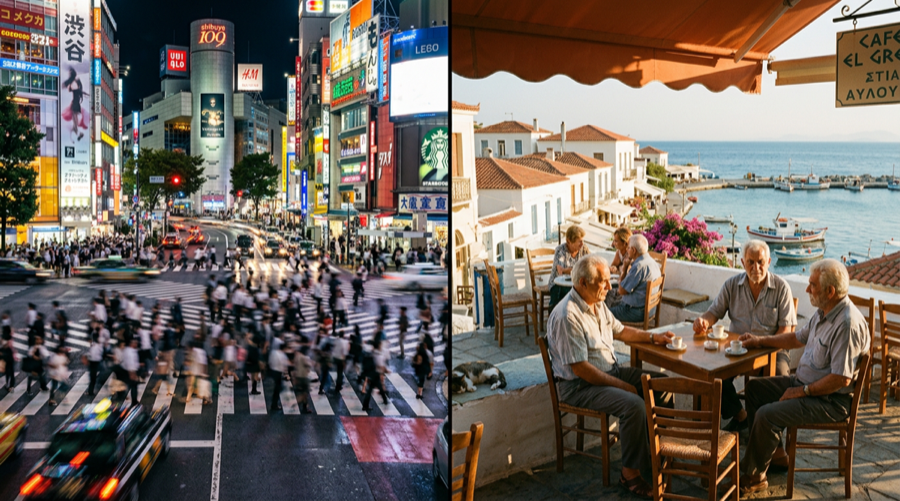 Split image contrasting fast-paced Tokyo street crossing at night with a relaxed Mediterranean cafe scene